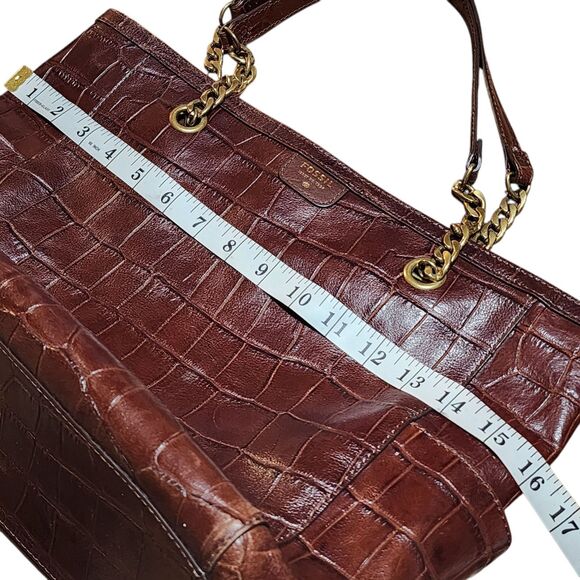 FOSSIL MIMI SHOPPER DARK BROWN CROCODILE LEATHER TOTE,GOLD CHAIN SHOULDER BAG - Picture 6 of 16